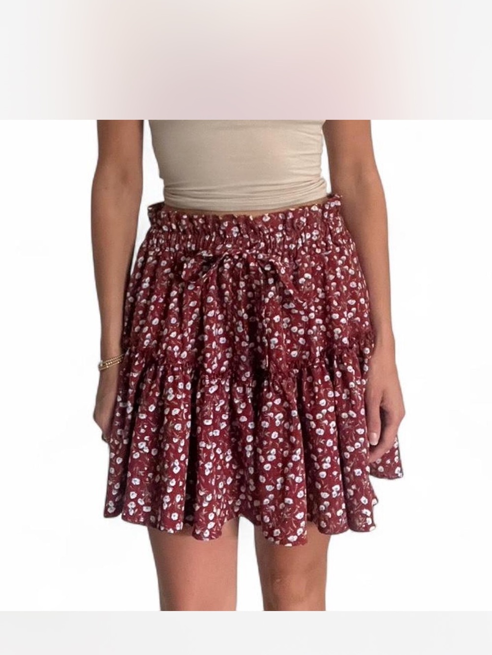 SHEIN Burgundy Floral Ruffle Skater Skirt